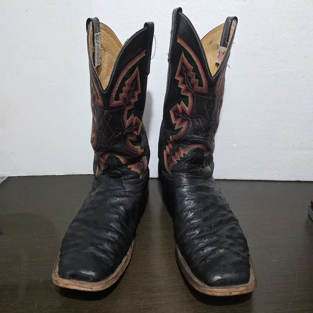 Anderson Bean Smooth Quill Ostrich Cowboy Square Toe Boots Black USA Made 14D
